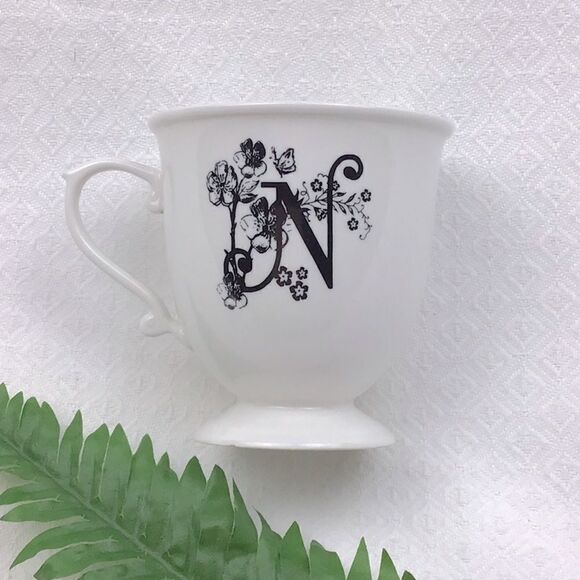 Anthropologie Monogram Initial “N” Script White Pedestal Tea Cup - Picture 1 of 8